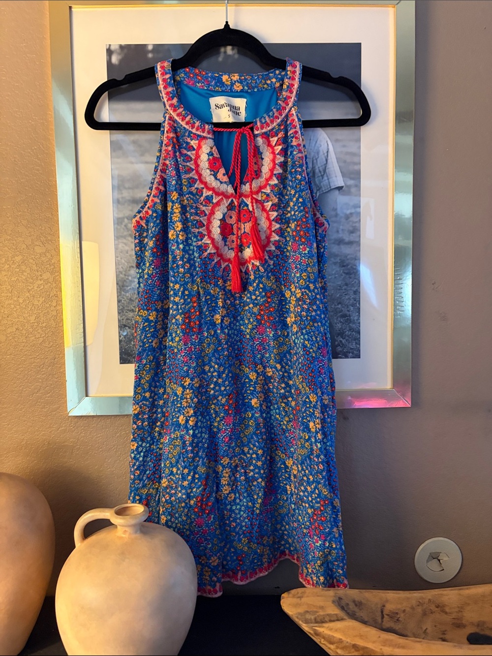 Savanna Jane Bright Blue Floral Embroidered Halter Dress size S